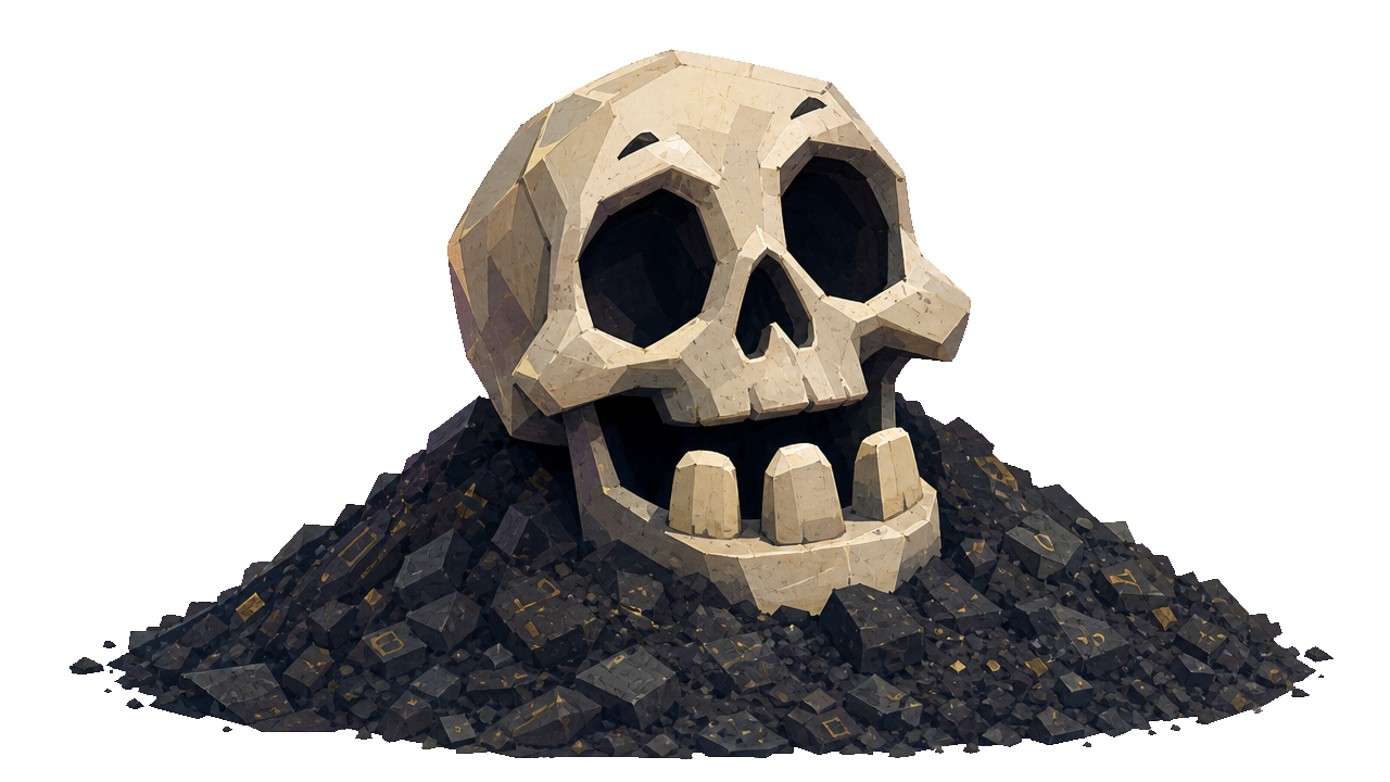 A stylised skull emerging from a mound of dark, textured material, resembling coal or gravel.