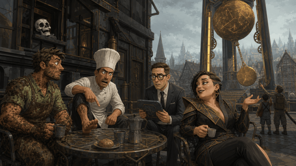 Four deeply unqualified, confused characters are having a mandated 'brunch meeting' at a metal coffee table outside a gritty, industrial coffee shop.